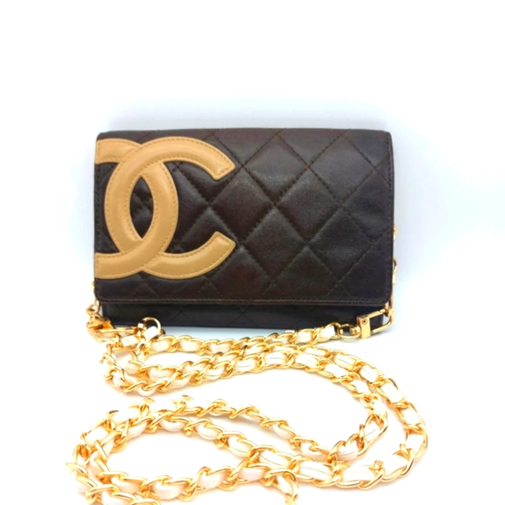 CHANEL Black & Tan Quilted Wallet-on-Chain with Gold Chain